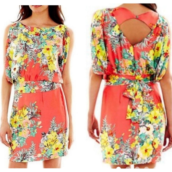 Bisou Bisou Floral Blouson Cutout dress Coral Size 12 - Picture 1 of 14